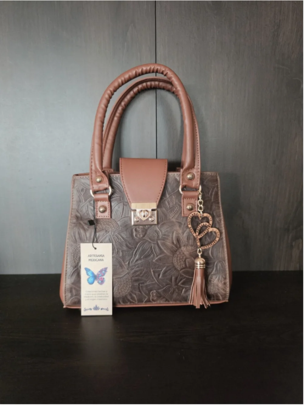 Chocolate Brown Tasseled Floral Embossed Tooled Artisan LEATHER Crossbody Purse